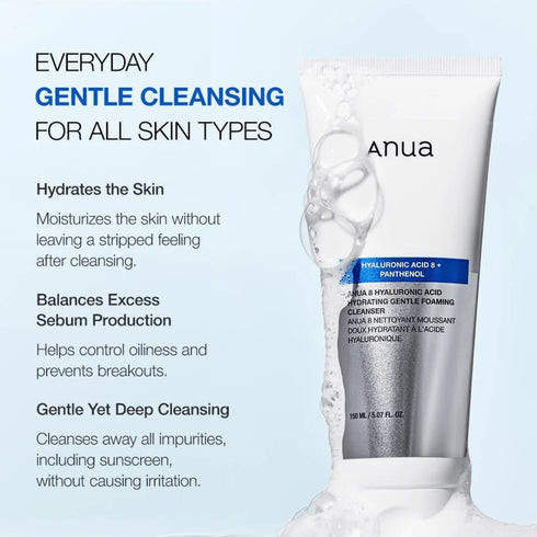 Anua Gentle Foaming Cleanser 150ml îndepărtează impuritățile și menține echilibrul pielii. Curățare blândă, cu hidratare activă pentru toate tipurile de ten.