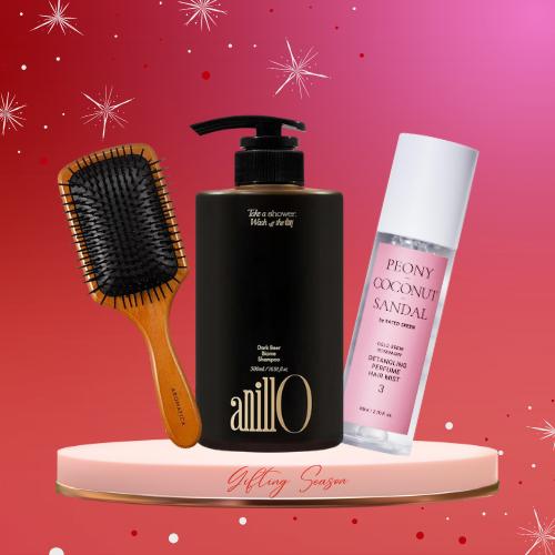 Set cadou WOWSKIN cu Anillo Dark Bear Shampoo, spray de păr Peony Coconut Sandal și perie profesională pentru descurcare – kit premium pentru îngrijirea și strălucirea părului, ideal pentru Crăciun.