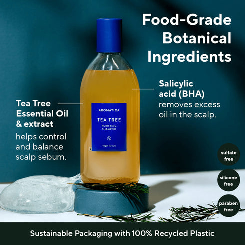 Aromatica Purifying Shampoo cu tea tree oferă prospețime de durată și echilibru scalpului gras. Șampon coreean vegan, perfect pentru detoxifierea zilnică.