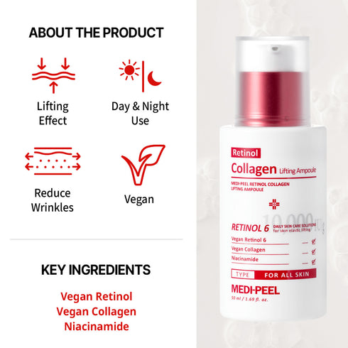 Medi-Peel Retinol Collagen Lifting Ampoule Îmbrățișați puterea transformatoare a Medi-Peel Retinol Collagen Lifting Ampoule, concepută pentru a reda fermitatea și elasticitatea pielii dumneavoastră. Această ampolă de 50ml combină retinolul vegan, pentru regenerare și reducerea liniilor fine, cu colagenul vegan, care sporește hidratarea și fermitatea. Niacinamida inclusă în formulă ajută la iluminarea și uniformizarea tonului pielii