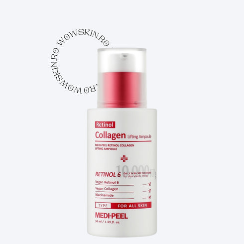 Medi-Peel Retinol Collagen Lifting Ampoule Îmbrățișați puterea transformatoare a Medi-Peel Retinol Collagen Lifting Ampoule, concepută pentru a reda fermitatea și elasticitatea pielii dumneavoastră. Această ampolă de 50ml combină retinolul vegan, pentru regenerare și reducerea liniilor fine, cu colagenul vegan, care sporește hidratarea și fermitatea. Niacinamida inclusă în formulă ajută la iluminarea și uniformizarea tonului pielii,