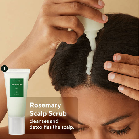 Descoperă beneficiile rozmarinului pentru păr cu Aromatica Trial Kit pentru scalp. Set vegan pentru curățare profundă, echilibrare și revitalizare a scalpului.