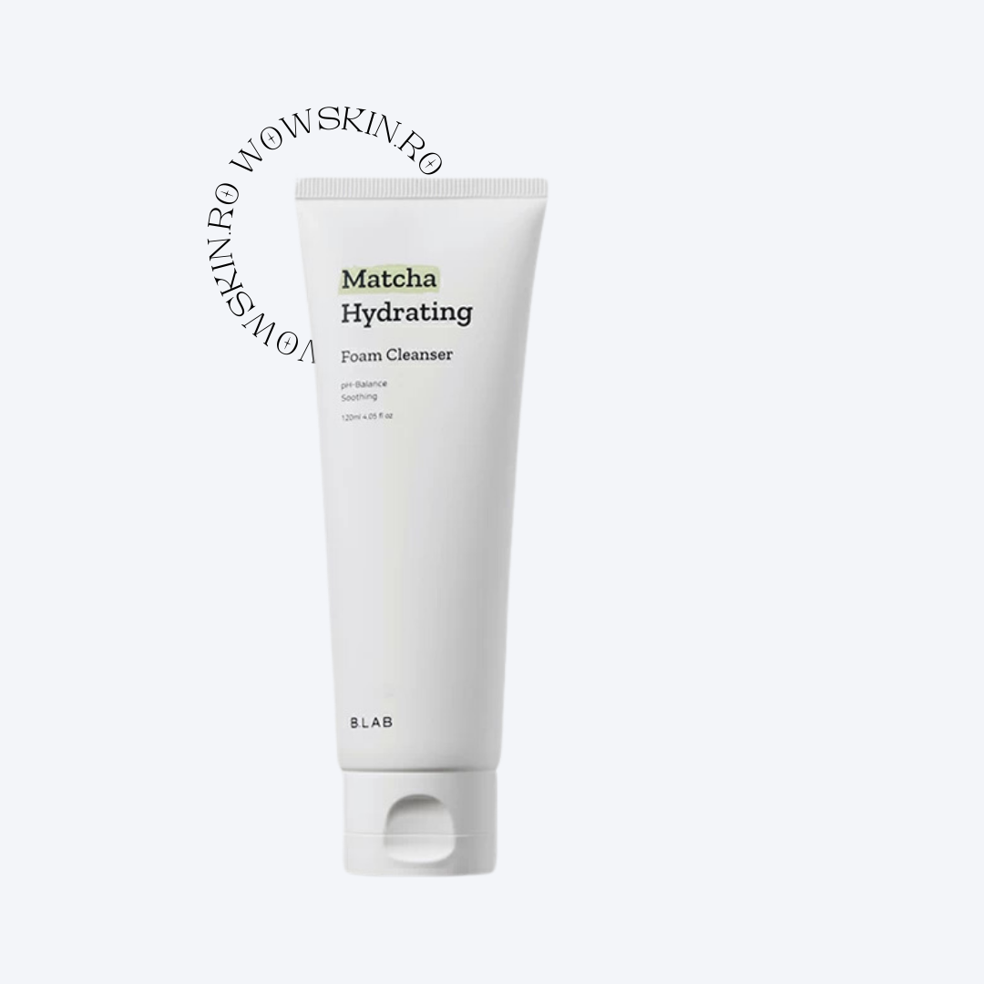 A tube of Matcha Hydrating Foaming Cleanser from B_Lab brand, with a white background.