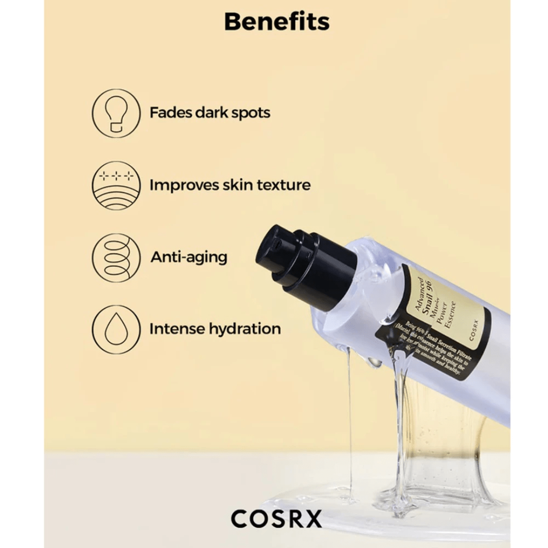 COSRX Advanced Snail 96 Mucin Power Essence calmează iritațiile, uniformizează tonul pielii și stimulează regenerarea celulară. Perfectă pentru ten sensibil sau afectat de acnee. wowskin.ro