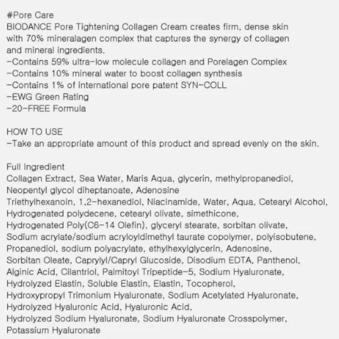 Redă pielii fermitatea și aspectul tânăr cu Biodance Pore Tightening Collagen Cream, 50 ml. Recomandată pentru ten cu pori vizibili și lipsit de vitalitate. wowskin.ro