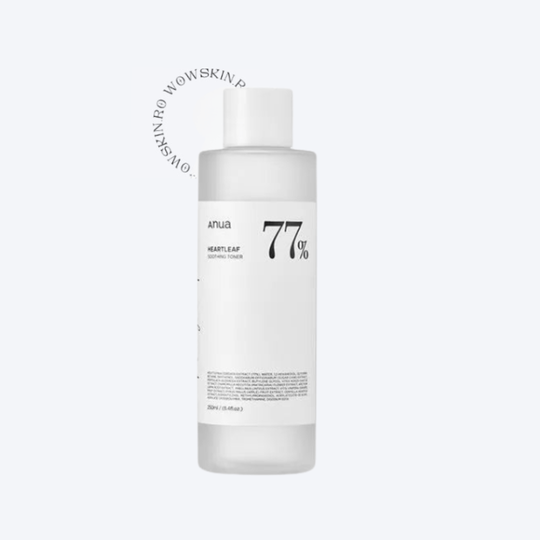 Anua Heartleaf 77% Soothing Toner 250 ml calmează iritațiile și reduce roșeața, fiind ideal pentru ten sensibil și acneic. Formulat cu 77% extract de Heartleaf pentru un efect antiinflamator natural.